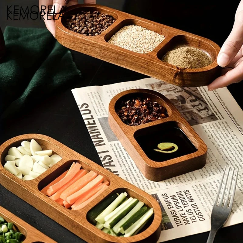 1Pc Solid Wood Rectangle Tray 3Grid Condiment Plate Breakfast Food